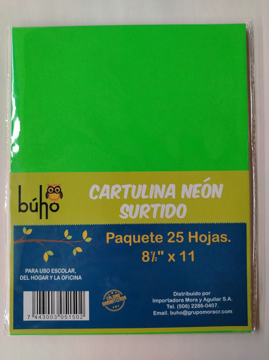 CARTULINA BUHO T/CARTA COLORES NEON 25U