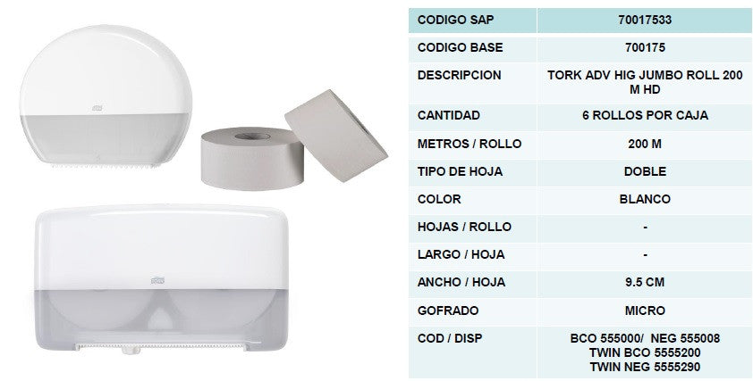 JUMBO ROLL MINI TORK PREMIUM 200M 6s BLANCA 70018835/70018836/70018837