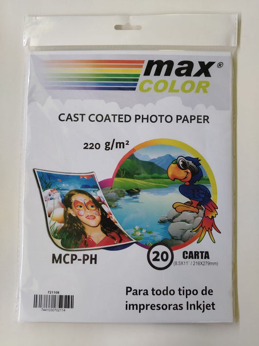 PAPEL FOTOGRAFICO MAX COLOR T/CARTA 220GR (PAQ 20 )