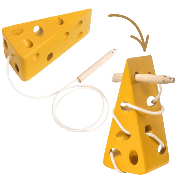 DIDACTICO ENHEBRADO QUESO Y RATON DE MADERA MONTESSORI