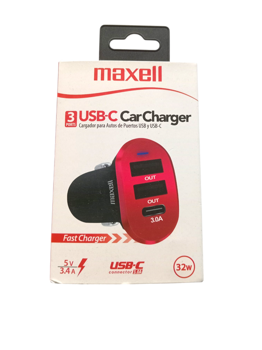 MAXELL CARGADOR DUSB-C3 USB CAR CHARGER 3 PORT TYPE C CHARGE 3.4A/3A 38154