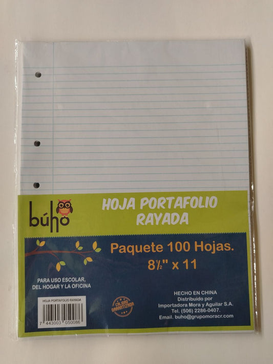 HOJAS PORTAFOLIO RAYADA BUHO PAQ 100 HOJAS