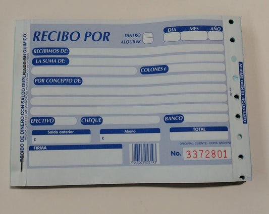 RECIBO DINERO DUPLICADO 1/4  50 HOJAS  (10.8 X 14.9 CM)