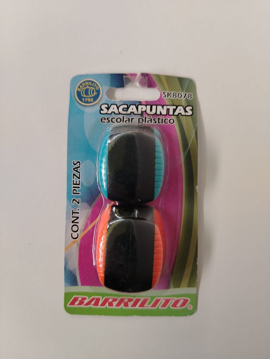SACAPUNTAS PLÁSTICO C/DEP COLORES 1H 2UND BLISTER BARRILITO