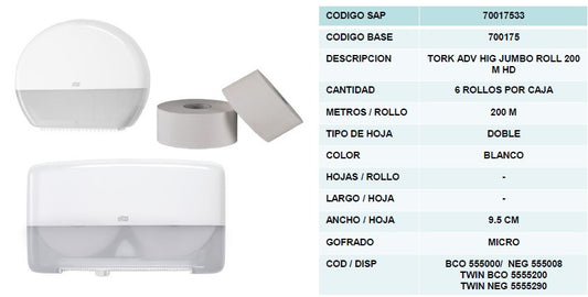 JUMBO ROLL MINI TORK PREMIUM 200M 6s BLANCA 70018835/70018836/70018837